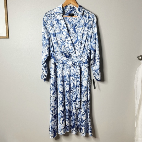 NWT Tahari Petite Hammered Satin Shirt Dress Faux Wrap Styling Long Sleeve Midi - Picture 2 of 16